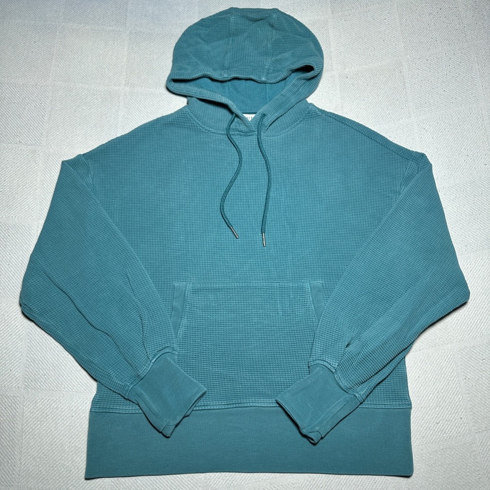 Athleta Balace Waffle Hoodie Women Small Kangaroo Pocket Teal Blue Knit Cozy